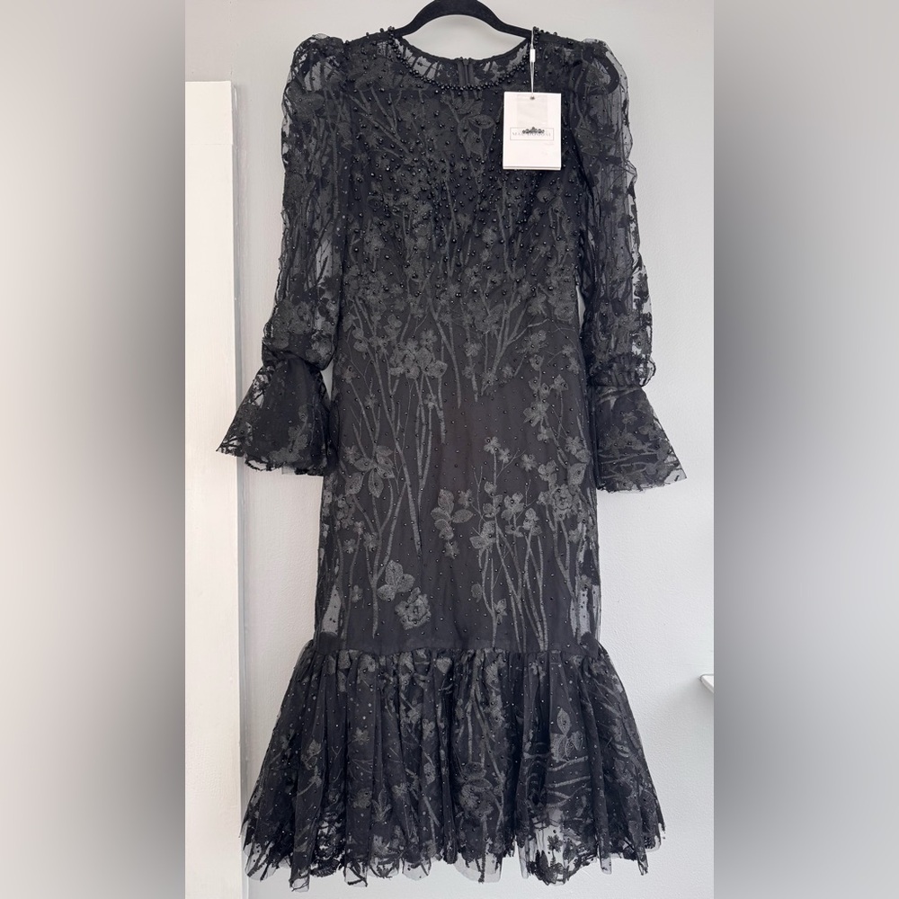 MAC DUGGAL Black Ruffle Wrist Embellished High Neck Midi size 6 - Picture 5 of 14